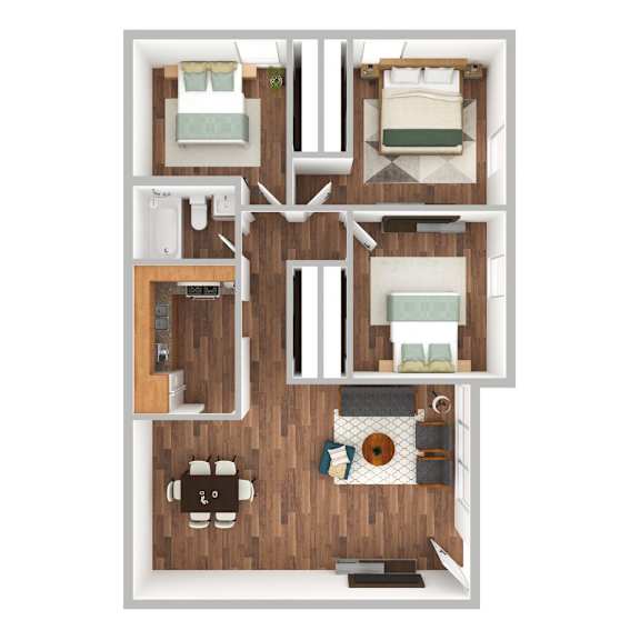 A floor plan of a house with a kitchen, living room, and two bedrooms.