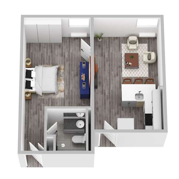 A top-down view of a small apartment with a bedroom, living room, and kitchen.