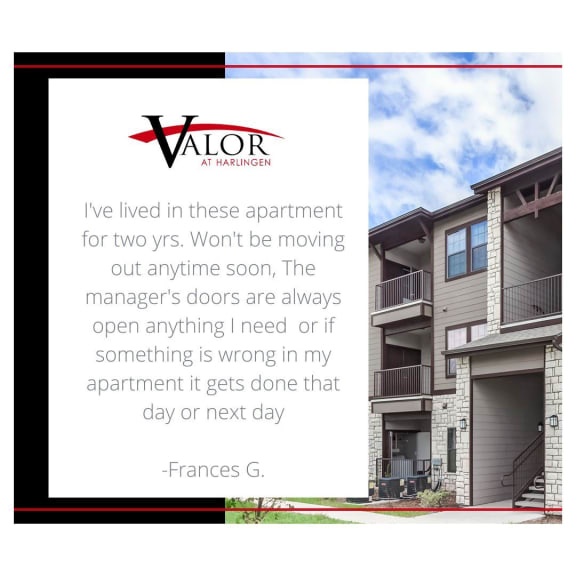 a picture of an apartment building with a quote about moving out of the apartment  at Valor at Harlingen, Harlingen, TX