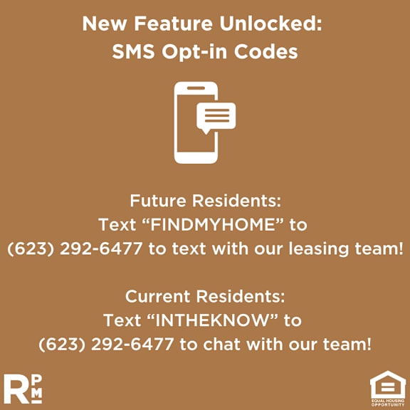 A poster announcing SMS opt-in codes for future and current residents to contact the leasing team.