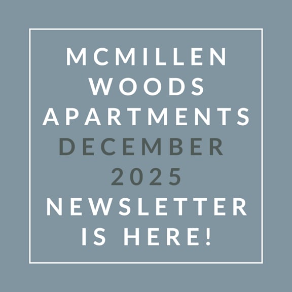 The image is a cover of the McMillen Woods Apartments December 2025 newsletter.