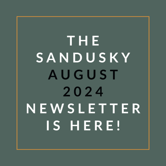 a picture of an orange background with the words the sandusky august 23 newsletter is here