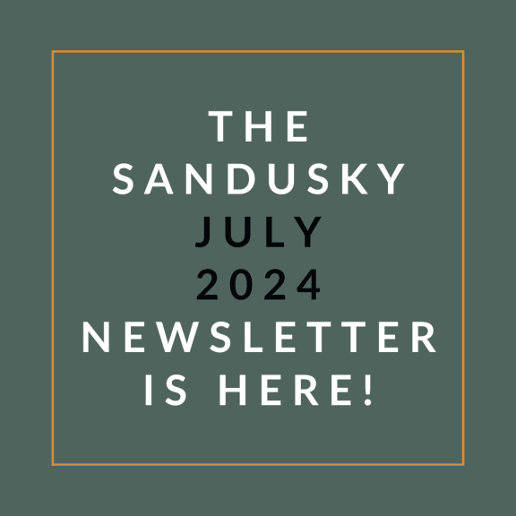 a picture of an orange background with the words the sandusky july 23 newsletter is here