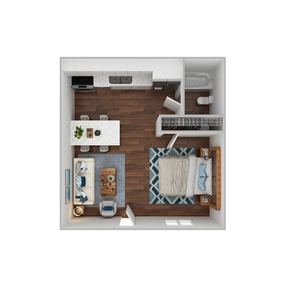 A top down view of a small apartment with a kitchen, living room, and bathroom.