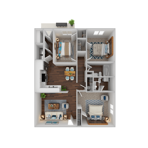 A 3D floor plan of a small apartment with a kitchen, living room, and bedrooms.