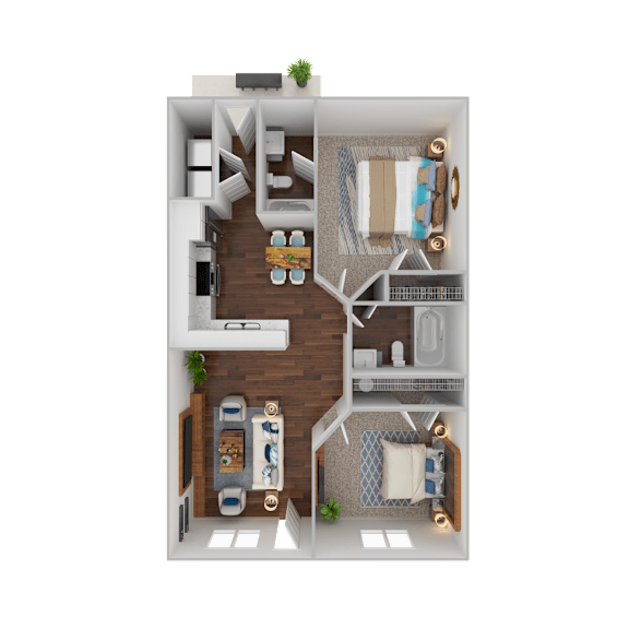 A 3D floor plan of a small apartment with a kitchen, living room, and bedrooms.