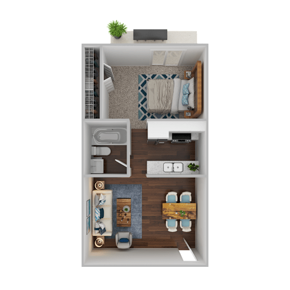 A top-down view of a small apartment with a kitchen, living room, and bathroom.