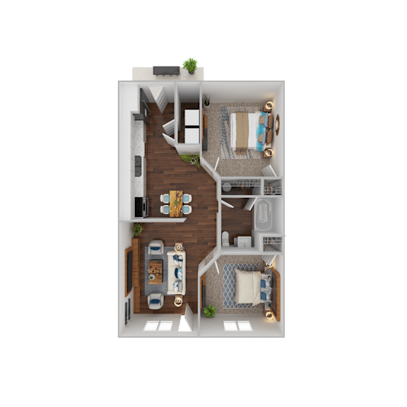 A top-down view of a small apartment with a living room, kitchen, dining area, and bedroom.