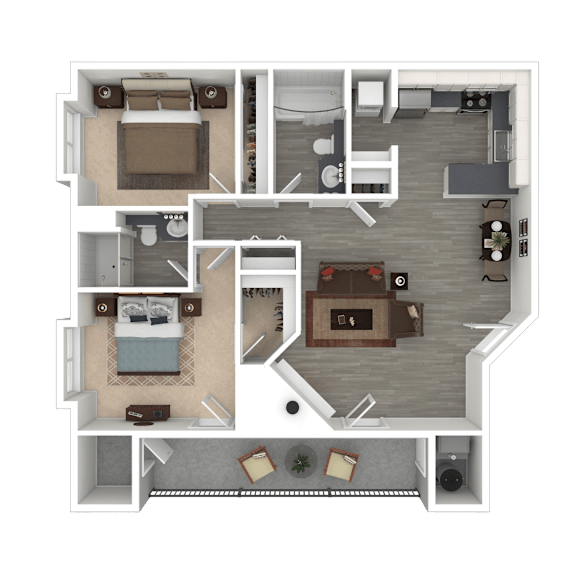 A floor plan of a house with two bedrooms, a living room, a kitchen, and a bathroom.