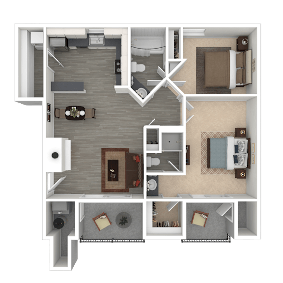 A 3D floor plan of a house showing a kitchen, living room, and bathroom.