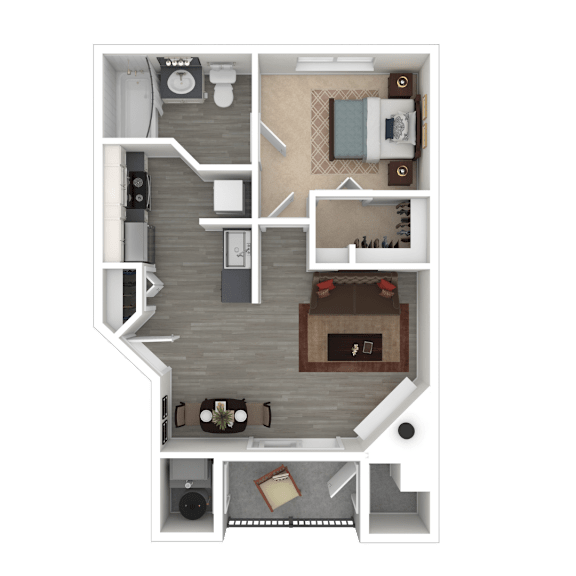 A floor plan of a small apartment with a kitchen, living room, and bathroom.