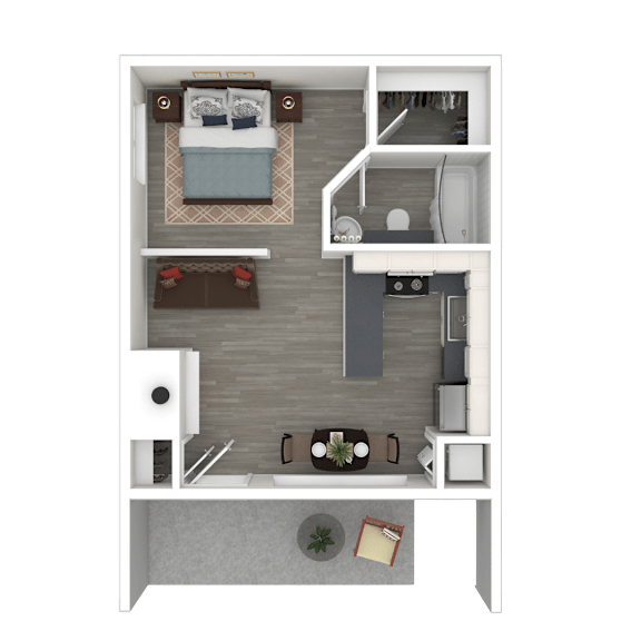A top-down view of a small apartment with a bed, desk, and kitchenette.