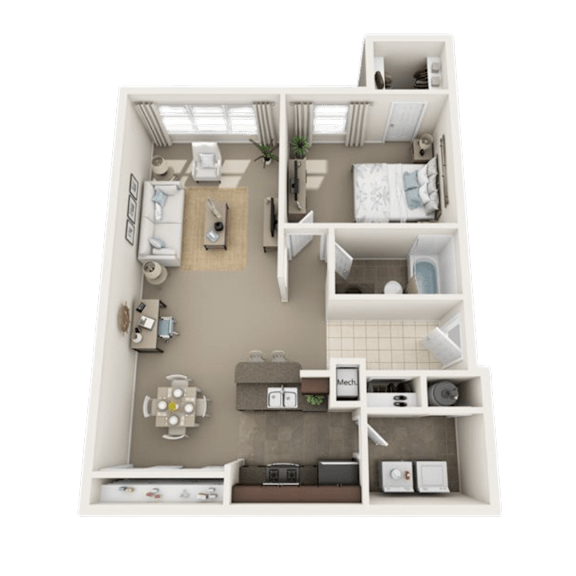 A 3D floor plan of a small apartment with a kitchen, living room, and bathroom.