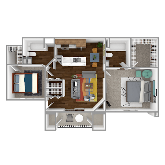 A floor plan of a house with a kitchen, living room, and bedrooms.