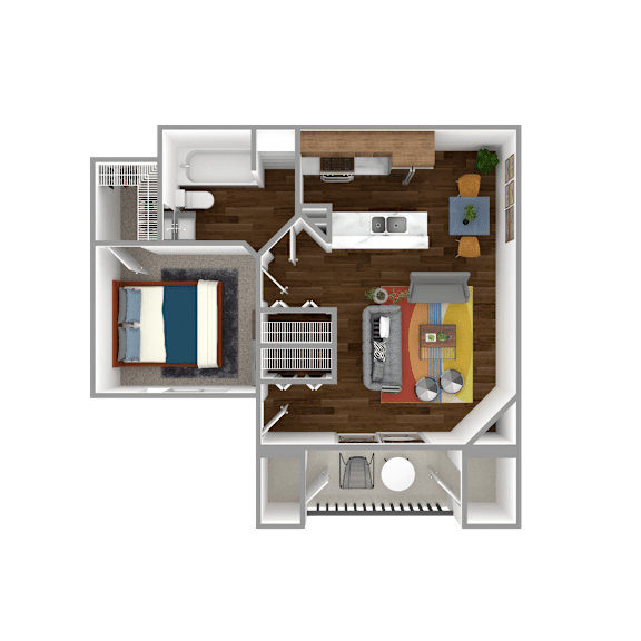 A 3D floor plan of a small apartment with a bedroom, living room, and kitchen.