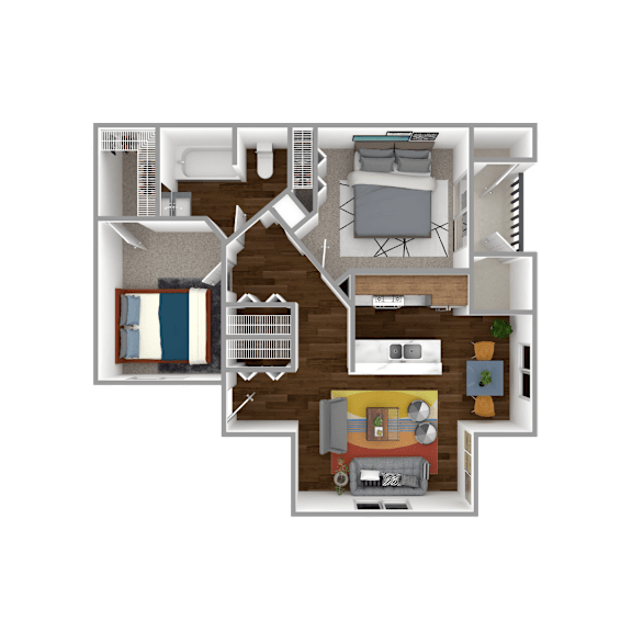 A 3D floor plan of a house showing a living room, kitchen, and two bedrooms.