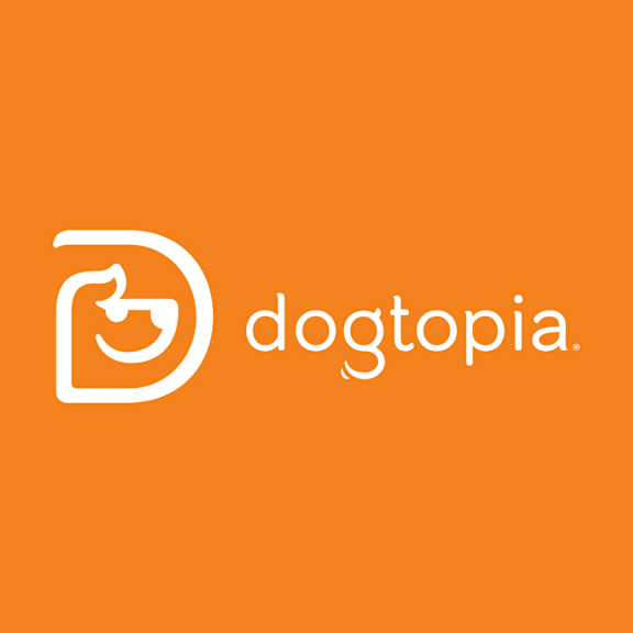 A logo with the text "dogtopia" in a stylized font.
