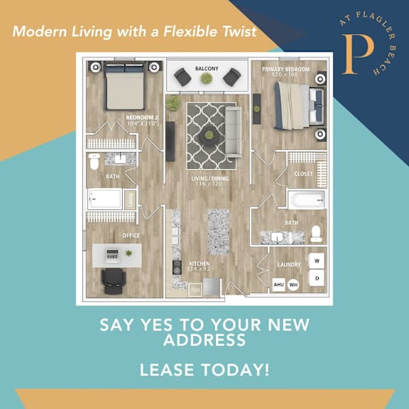 A promotional image for a two month free rent offer at a property called At Flagler Bay.