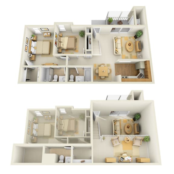 A 3D floor plan of a house with two levels, showing the layout of the rooms and furniture