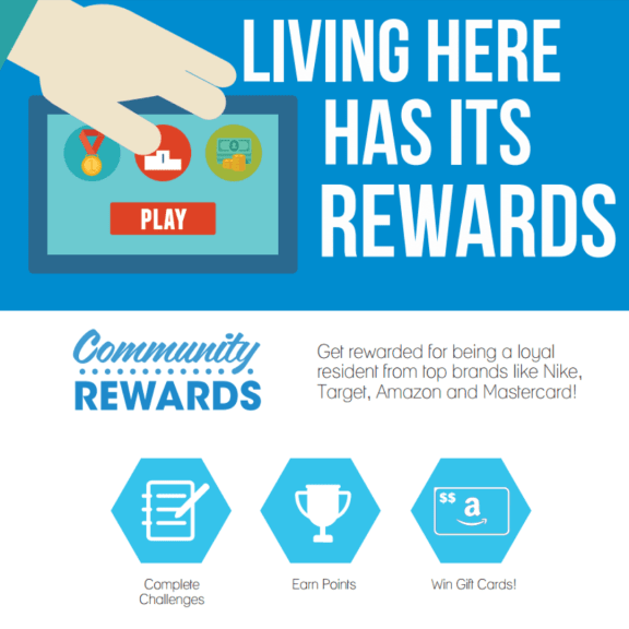Rewards. Community Rewards Program. Get rewarded for being a loyal resident from top brands like Nike, Target, Amazon and Mastercardat Legends at Charleston Park Apartments, North