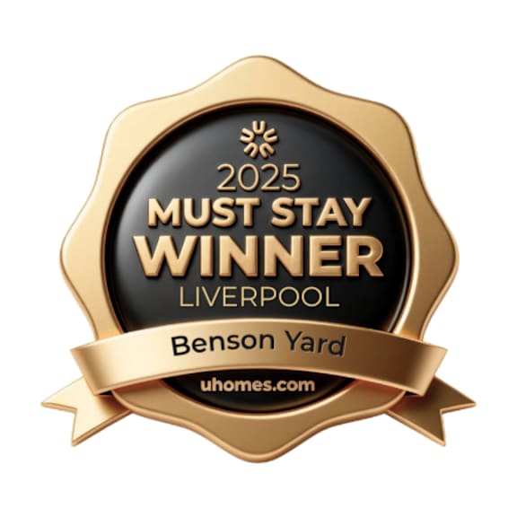 A gold badge stating "2025 Must Stay Winner Liverpool" and "Benson Yard" with a ribbon.