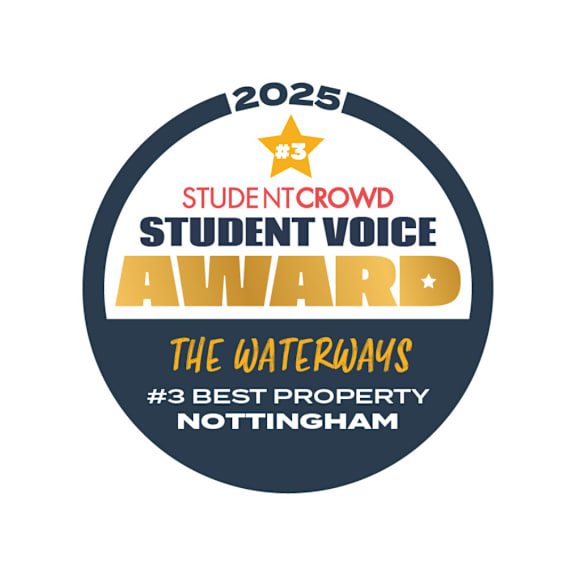 A badge indicating that The Waterways is the third best property in Nottingham according to the Student Crowd Student Voice Award for 2025.