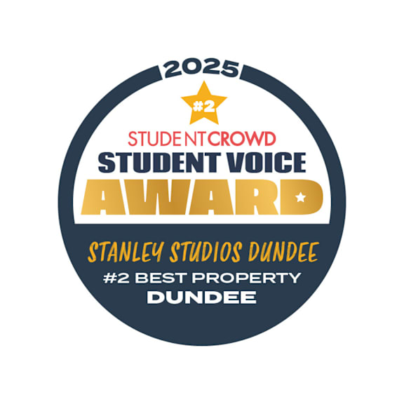 A circular logo for the Student Crowd Student Voice Award for Stanley Studios Dundee, which is the number 2 best property in Dundee.