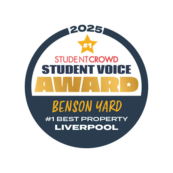A black circular logo with a gold star and text indicating a student voice award for Benson Yard, a property in Liverpool.