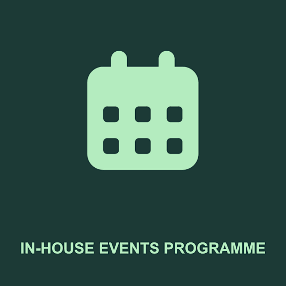 A calendar icon is used to represent an in-house events programme.