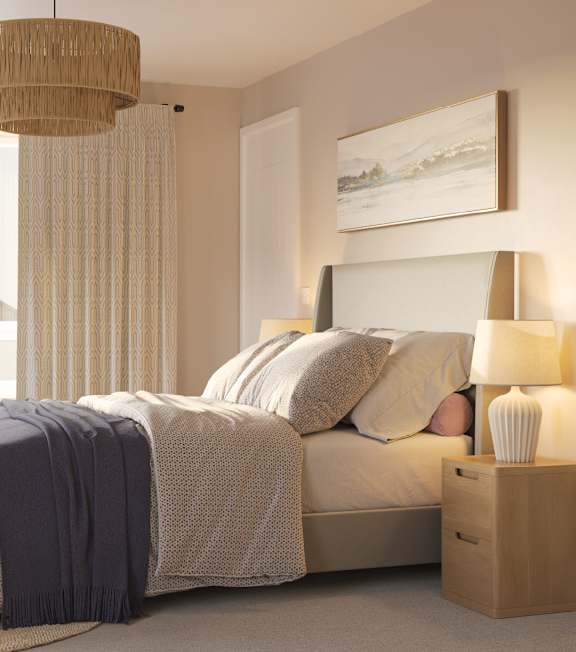 A bedroom with a bed, nightstand, and a painting on the wall.