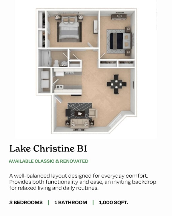 A floor plan of a 1,000 square foot apartment with two bedrooms and one bathroom.