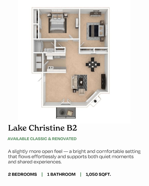A floor plan of a Lake Christine B2 apartment with 2 bedrooms and 1 bathroom.