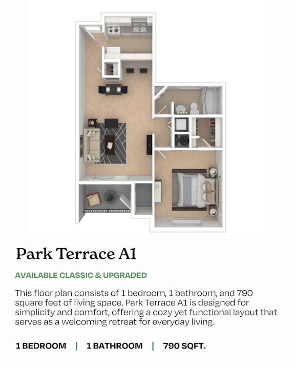 A floor plan of a 1,000 square foot apartment with two bedrooms and one bathroom.