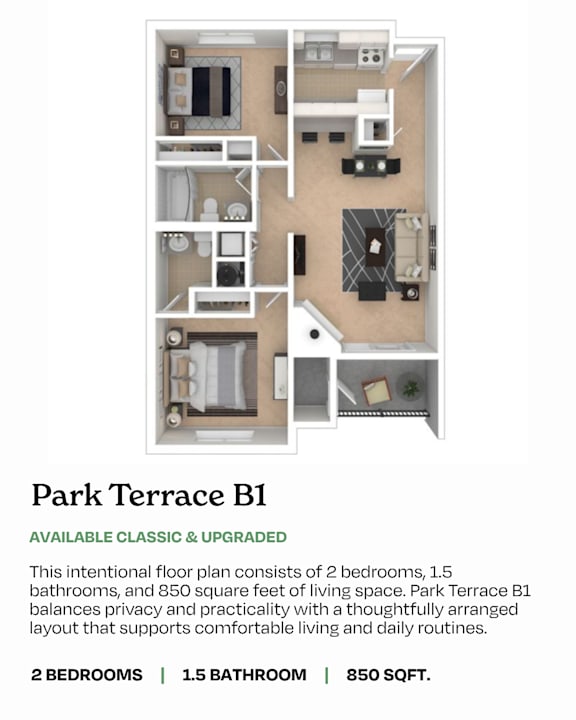 A floor plan for Park Terrace B1 shows a layout with 2 bedrooms, 1.5 bathrooms, and 850 square feet of living space.