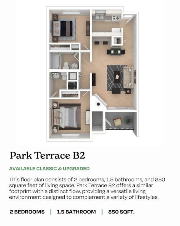 A floor plan for Park Terrace B2 shows a layout with 2 bedrooms, 1.5 bathrooms, and 850 square feet of living space.