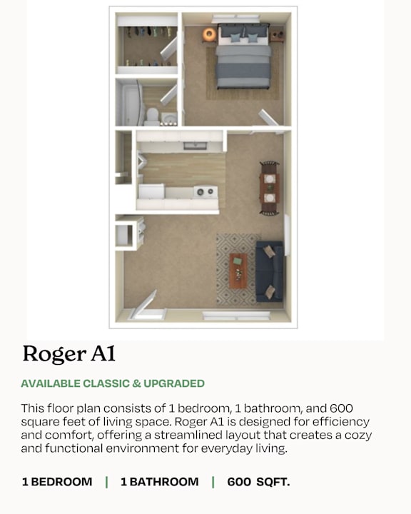 A floor plan of a 1,000 square foot apartment with two bedrooms and one bathroom.