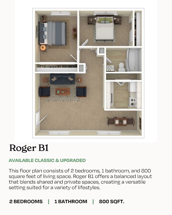 A floor plan of a Lake Christine B2 apartment with 2 bedrooms and 1 bathroom.