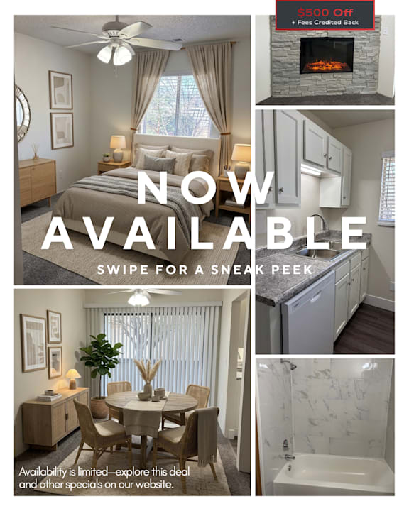 A promotional image for a Muirfield Apartments with a "Now Available" sign and a "Swipe for a Sneak Peek" offer.