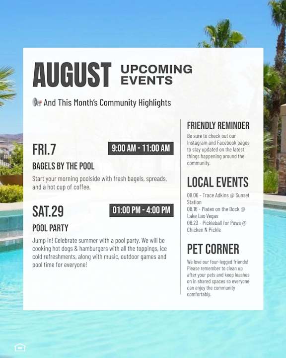 A flyer advertises a Bagels by the Pool event on Friday, August 7th from 9:00 AM to 11:00 AM.