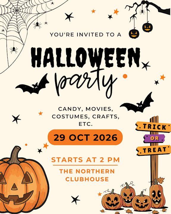 A Halloween party invitation with a pumpkin, bats, and a trick or treat sign.