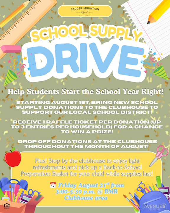 A poster advertising a school supply drive with details about the event and its purpose.
