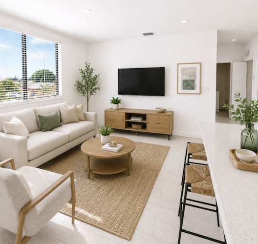 A living room with a white couch, a coffee table, and a flat screen TV mounted on the wall.