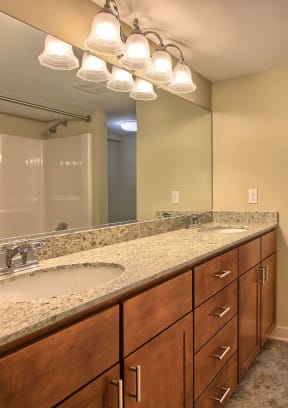 a bathroom with a shower and a toilet and a wooden vanity