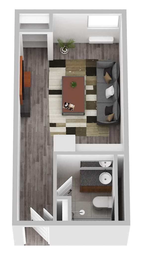 A 3D floor plan of a small apartment with a kitchen, living room, and bathroom.