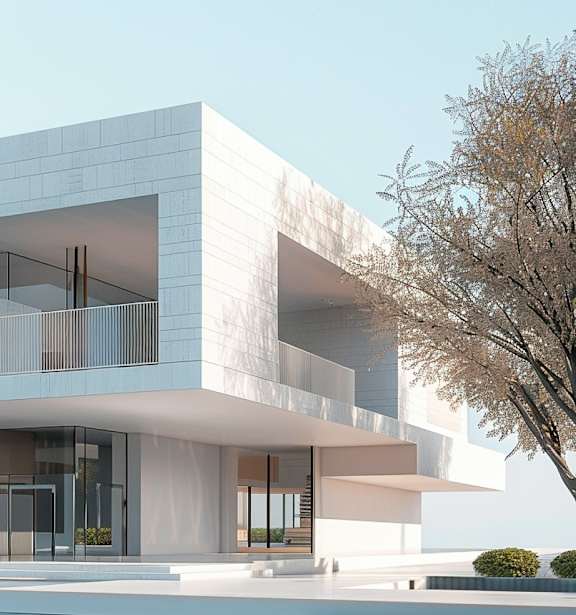 A modern house with a pool in front.