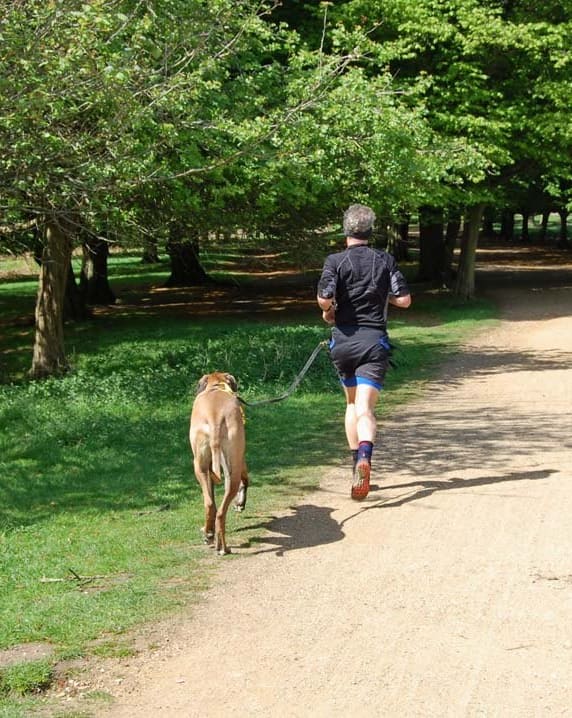 a man running with his dog down a dirt road