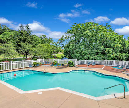 the reserve at bucklin hill pool and hot tub with trees in the background