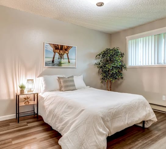 a bedroom with a bed and a window