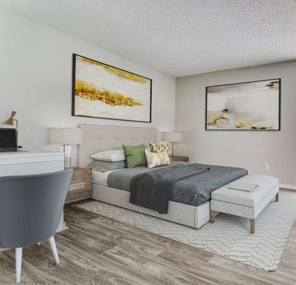 a living room with a ceiling fan and a dining room table with chairs