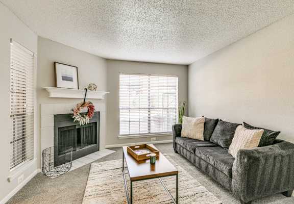 Living Room with Fireplace at Infinity on the Mark, Dallas, TX, 75243
